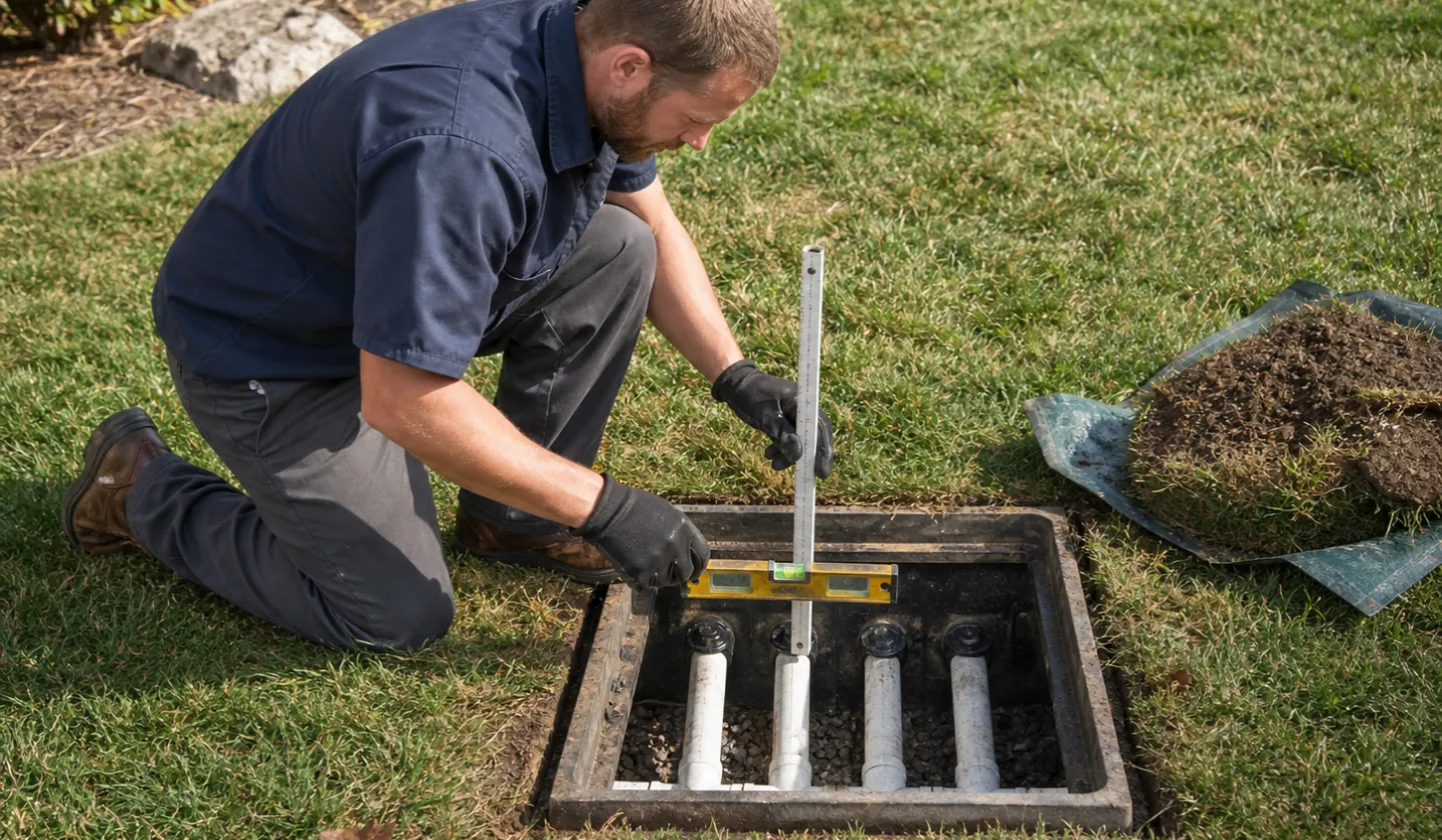 Septic Service service area photo for York, PA. Septic technician inspecting a distribution box and surrounding drain-field soil.