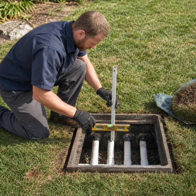 Drain Field Service service photo. Septic technician inspecting a distribution box and surrounding drain-field soil.