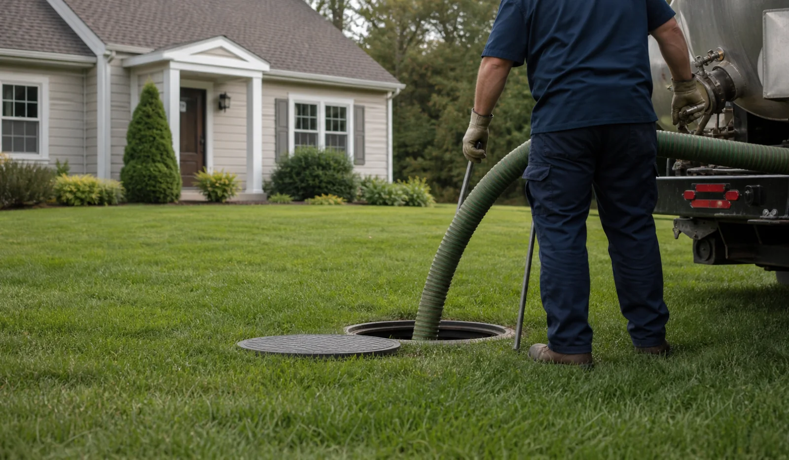 Septic service technician operating a vacuum hose at a residential tank riser.