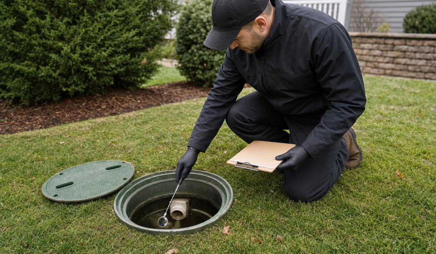 Septic Service service area photo for Johnson City, TN. Septic technician inspecting tank components at an open residential riser.