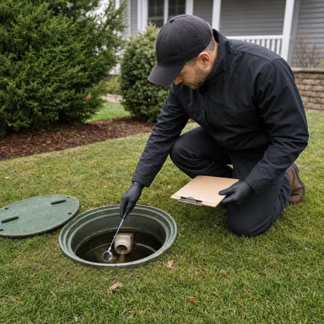 Septic Inspection service photo. Septic technician inspecting tank components at an open residential riser.