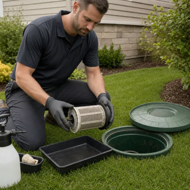 Septic Maintenance service photo. Septic technician cleaning an effluent filter and servicing a secure tank riser.