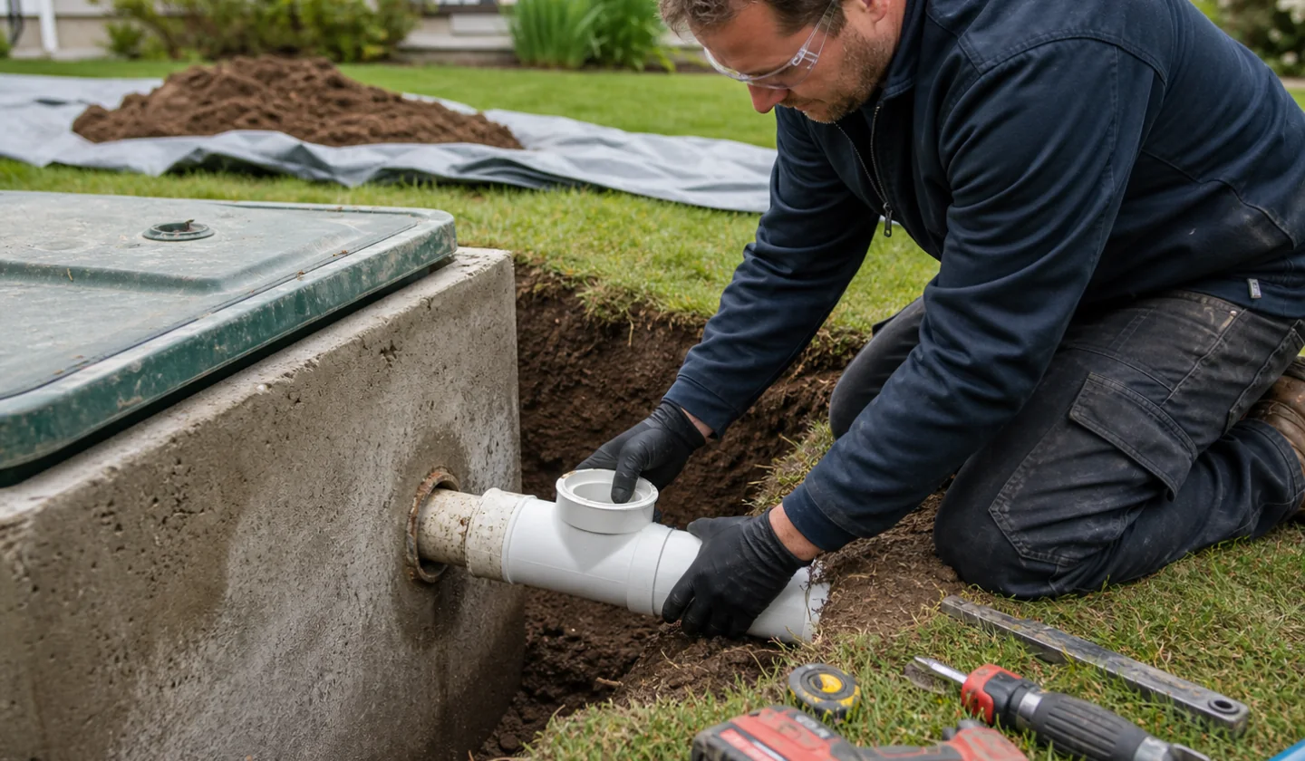 Septic Service service area photo for Grand Junction, CO. Septic technician repairing an exposed inlet pipe beside a residential tank.