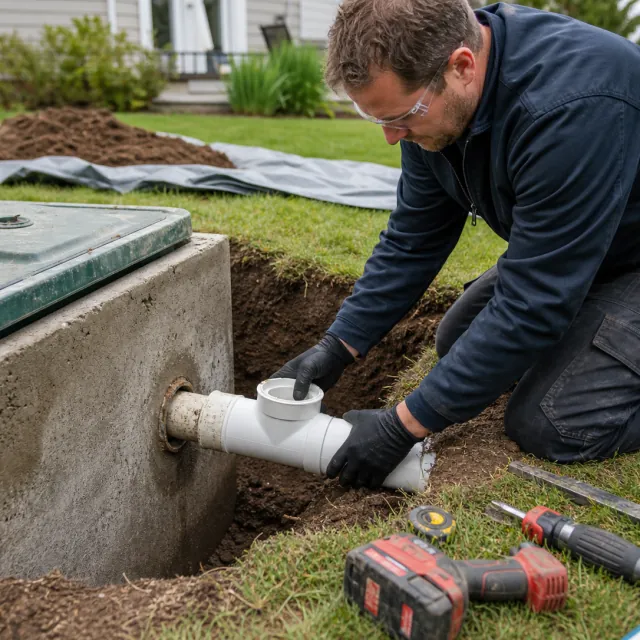 Septic Repair service photo. Septic technician repairing an exposed inlet pipe beside a residential tank.