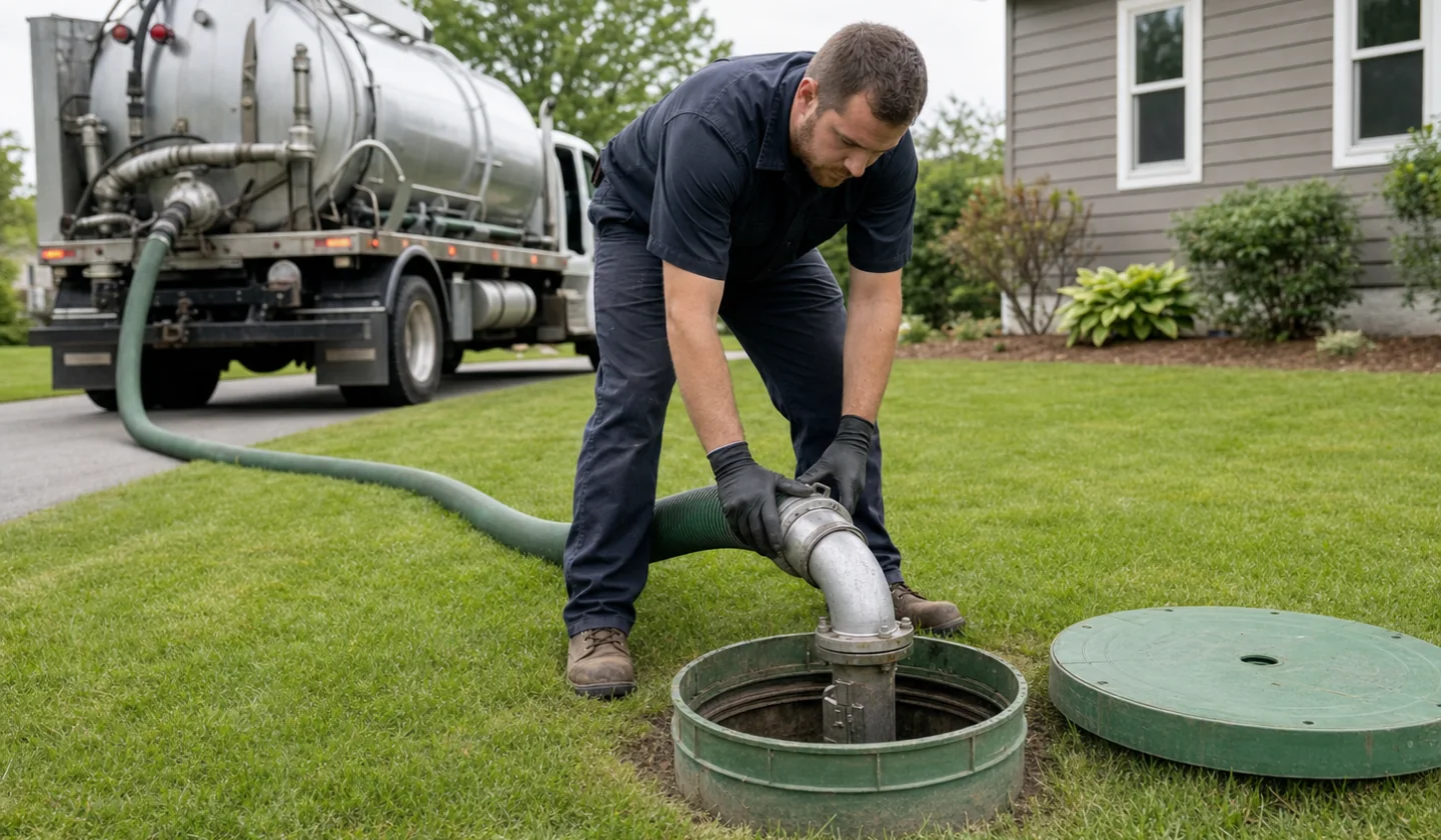 Septic Service service area photo for Tyler, TX. Septic technician operating a vacuum hose at an open residential tank riser.