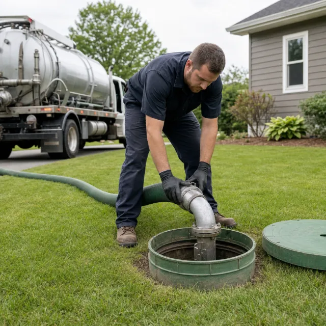Septic Tank Pumping service photo. Septic technician operating a vacuum hose at an open residential tank riser.